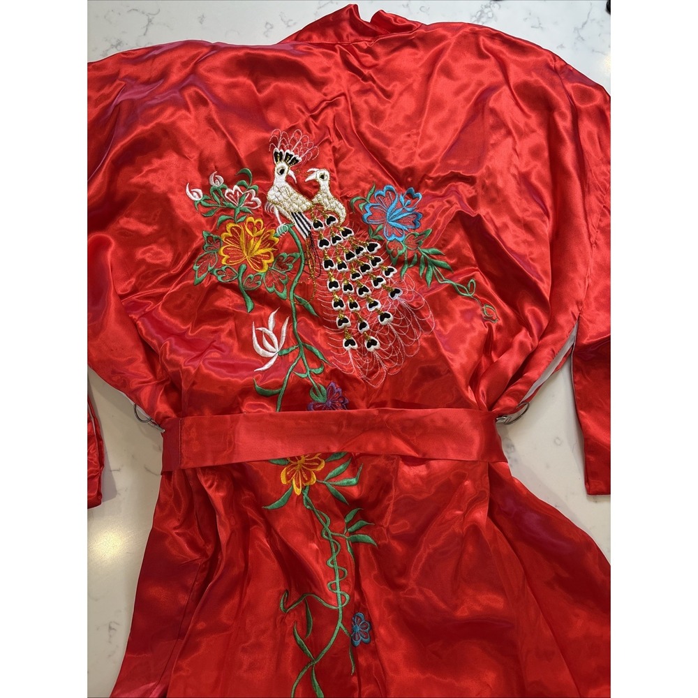 Authentic Asian Red Satin Kimono w/ Peacocks Bamboo Embroidery Lined 46" Long OS